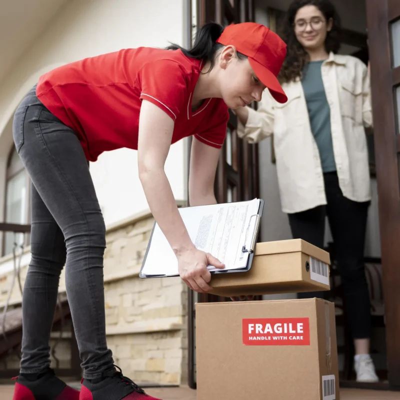 A delivery delivers a woman her package