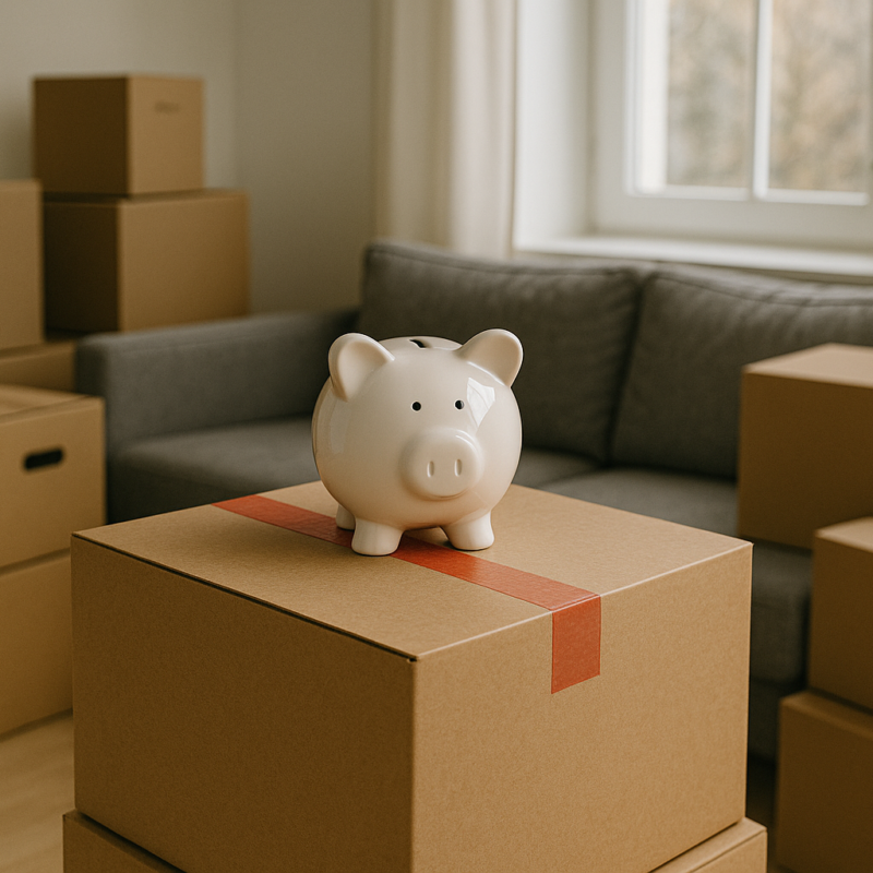 Piggy bank on moving boxes